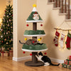 Multi-level 56.5-inch cat tower in festive green tree shape features soft padding, scratching posts, and dangling ornaments.