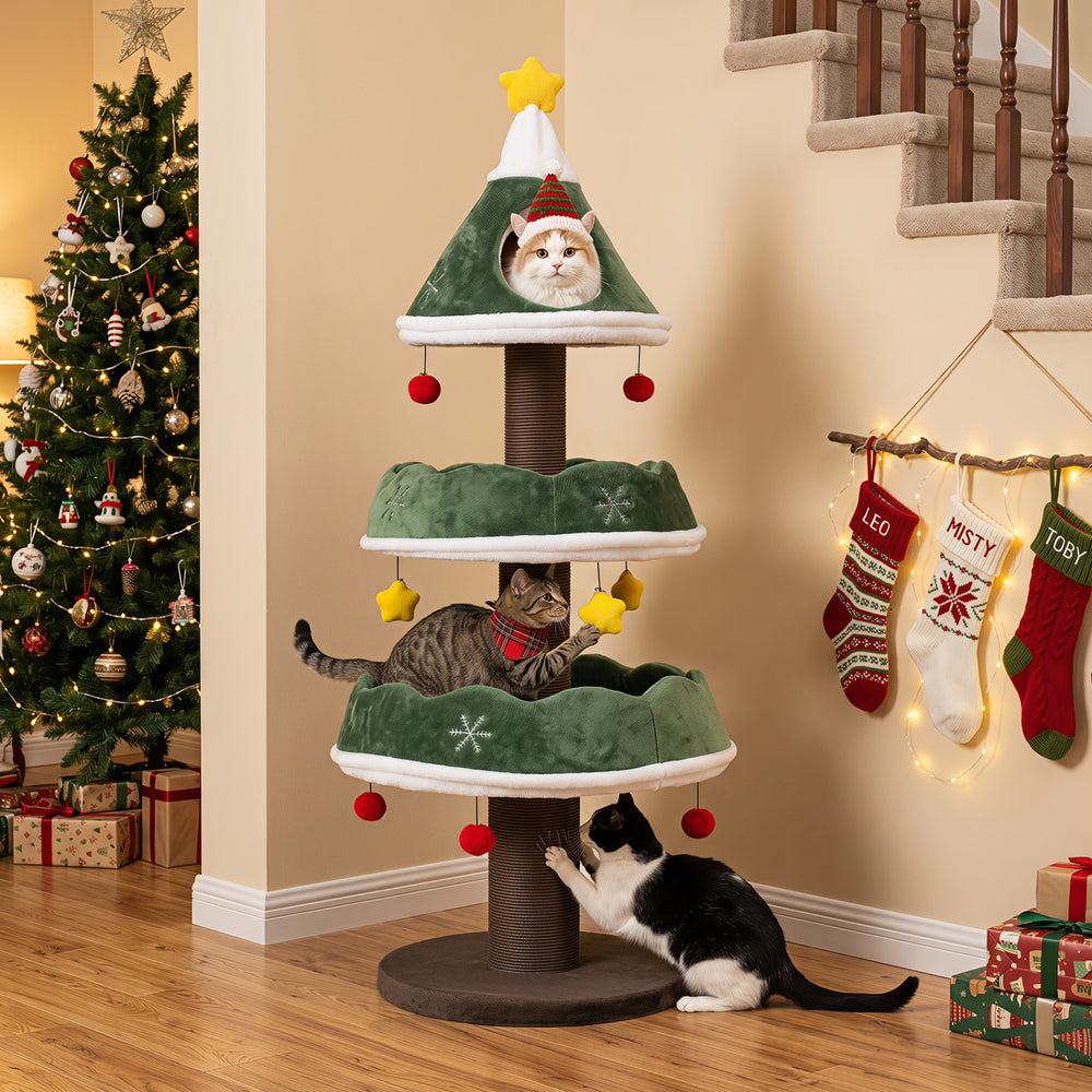 Multi-level 56.5-inch cat tower in festive green tree shape features soft padding, scratching posts, and dangling ornaments.