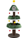 Multi-level green cat tower shaped like a Christmas tree with soft padding, three tiers, and dangling ornaments for festive fun.