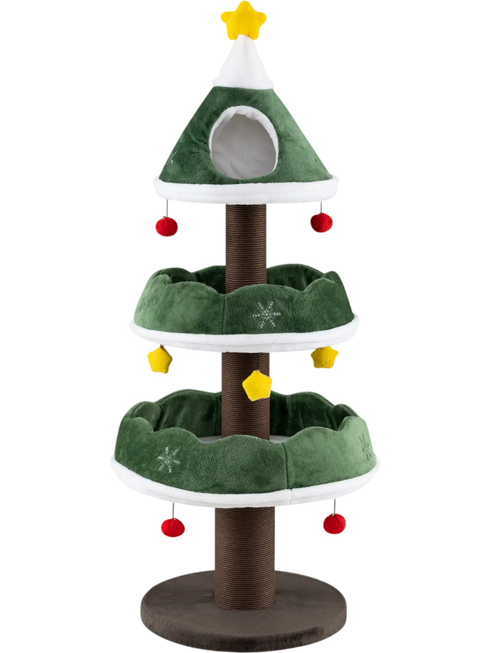Multi-level green cat tower shaped like a Christmas tree with soft padding, three tiers, and dangling ornaments for festive fun.