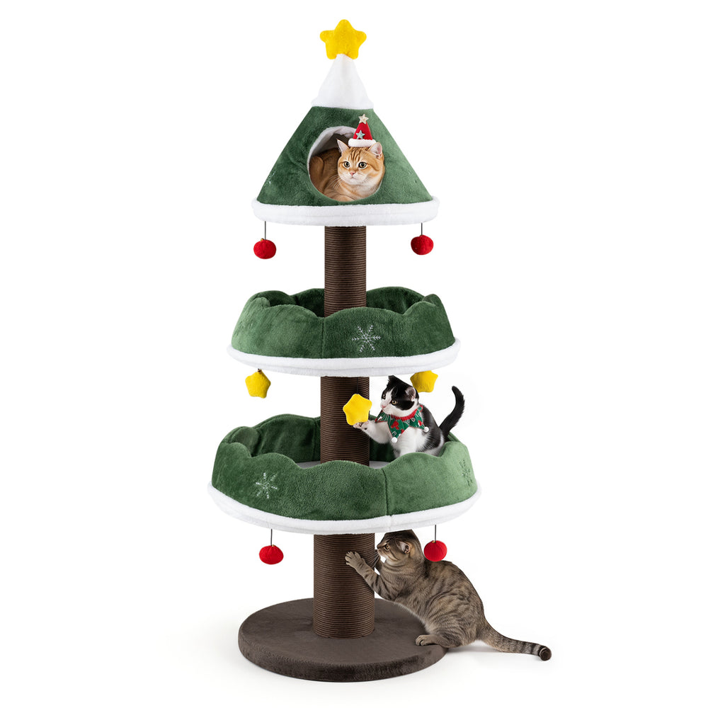 Multi-level 56.5-inch cat tower in festive tree shape features soft padding, scratching posts, and dangling ornaments for fun.