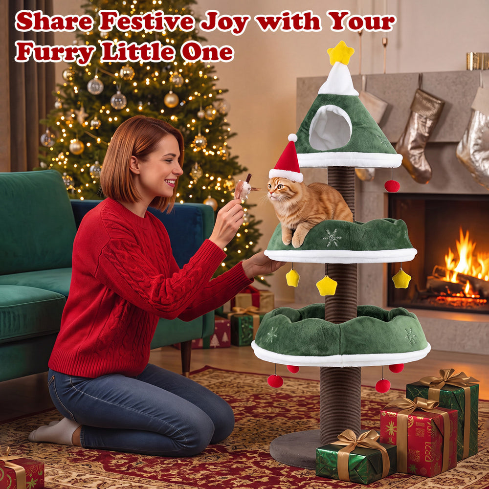 Multi-level 56.5-inch cat tower in festive green features a cozy design, wrapped scratching posts, and dangling ornaments.