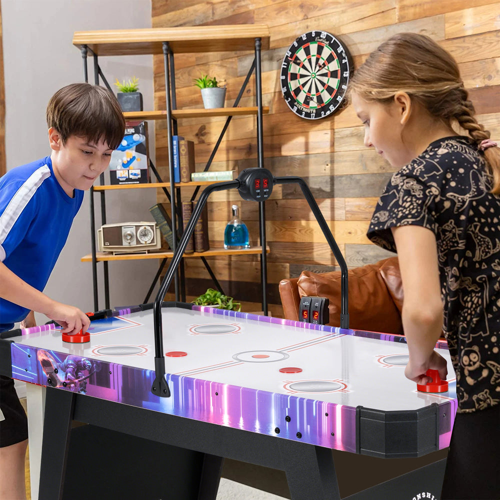 56-inch air hockey table with LED scoreboard, featuring kids playing, designed for stable gameplay and safety.
