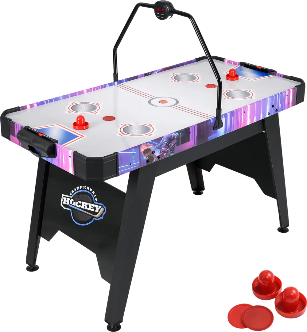 56-inch air hockey table with LED scoreboard, sturdy design, and included pushers and pucks for fun gameplay.