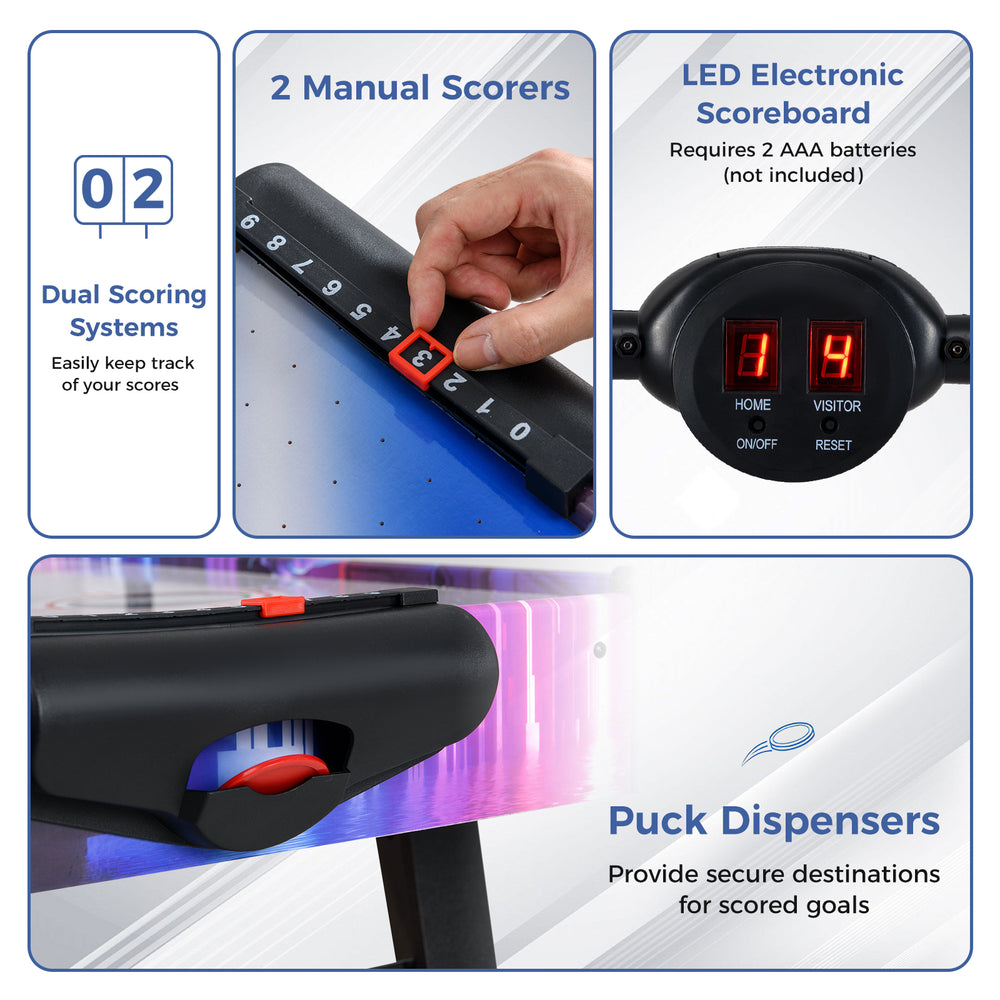 LED electronic scoreboard and manual scorers on the 56-inch air hockey table for real-time score tracking.
