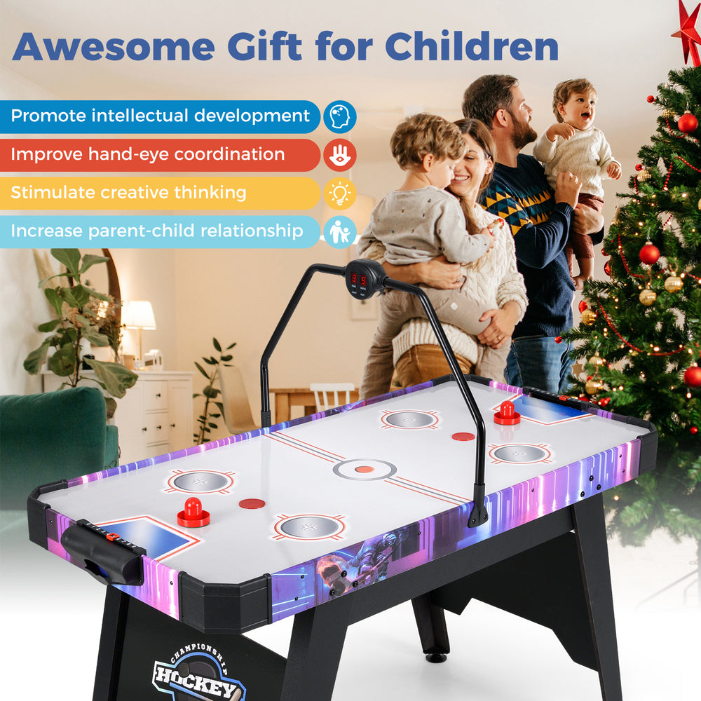 56-inch air hockey table with LED scoreboard, sturdy design, and powerful motor for kids' fun and skill development.