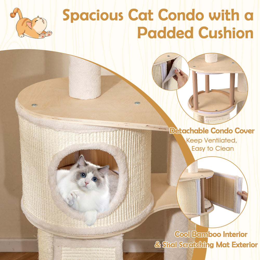 Spacious 56-inch tall cat tree with a bamboo interior, sisal scratching mat, and padded condo for cozy lounging.