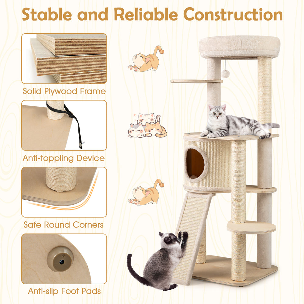 56-inch tall cat tree with solid birch plywood, sisal scratching posts, and a cozy condo for multi-layer fun.