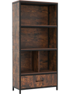 56" tall freestanding bookcase in rustic brown with open compartments and a fabric drawer for home office or living.