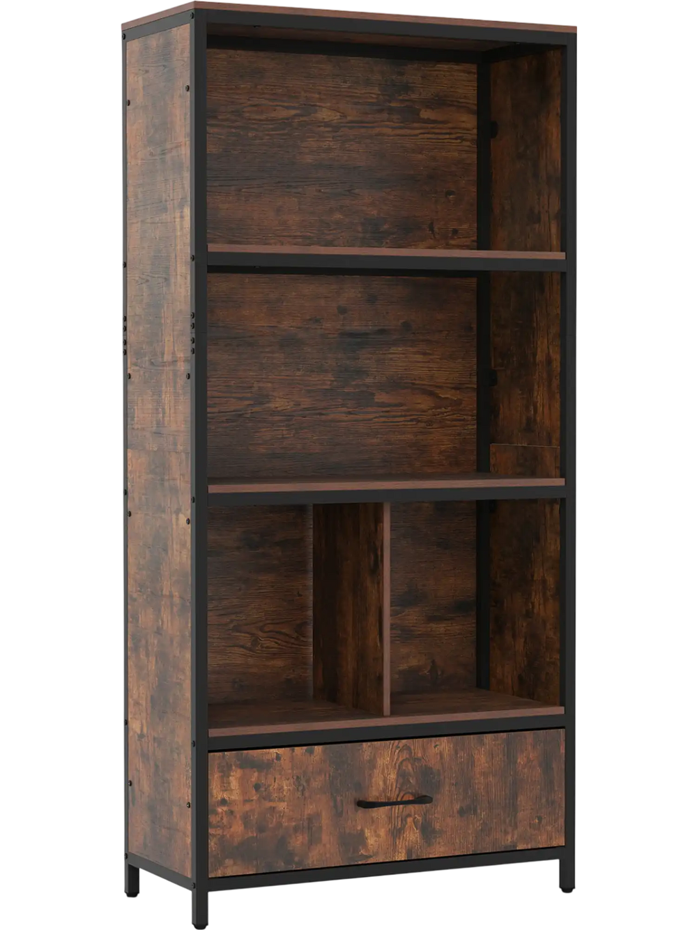 56" tall freestanding bookcase in rustic brown with open compartments and a fabric drawer for home office or living.