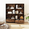 56" tall freestanding bookcase in rustic brown with open compartments and fabric drawers for home office or living room.