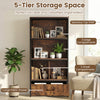 5-tier rustic brown bookcase with a fabric drawer and open compartments, ideal for home office or living room.