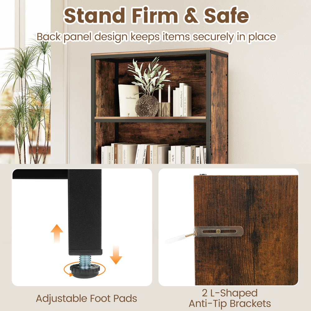 56" tall freestanding bookcase in rustic brown with adjustable foot pads and anti-tip brackets for stability and safety.