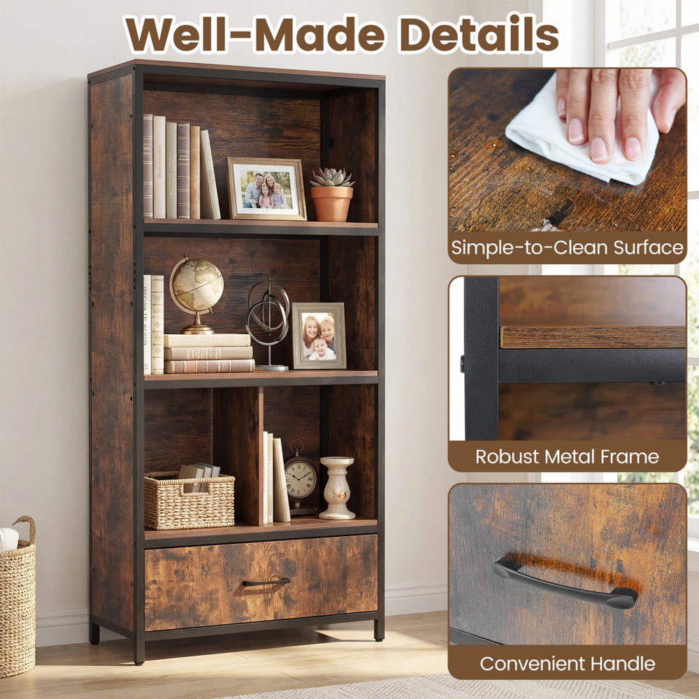 56" tall freestanding bookcase in rustic brown with open compartments and a fabric drawer, ideal for home office.