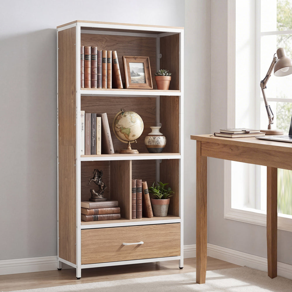 56" Tall Freestanding Bookcase with Drawer 5 Tier-Natural - Gallery View 1 of 10