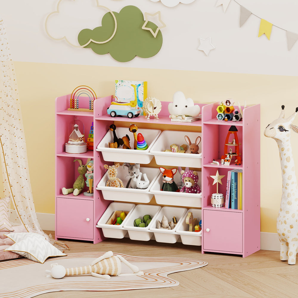 Large pink toy storage organizer with 8 removable bins and bookshelf, perfect for kids' rooms or playrooms.