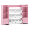 Large pink toy storage organizer with 8 removable bins and 6 cubbies, ideal for kids' rooms or playrooms.
