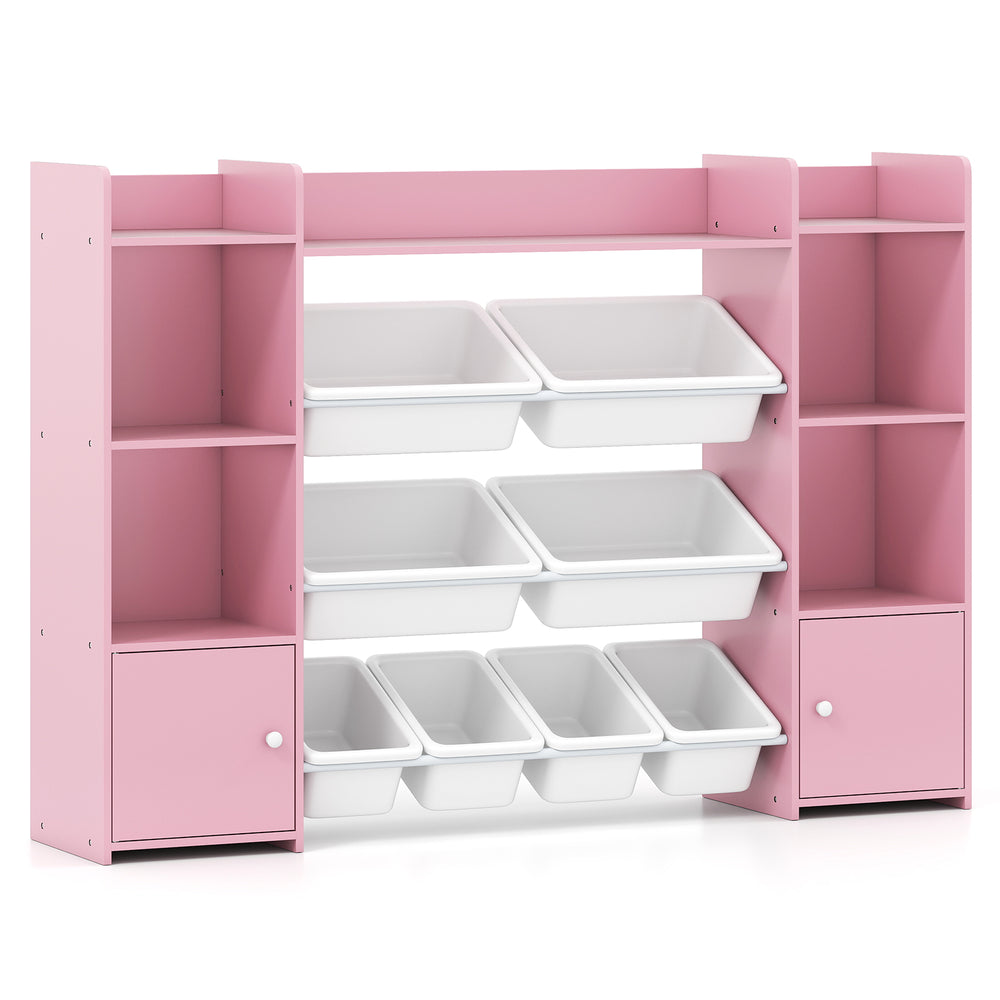 Large pink toy storage organizer with 8 removable bins and 6 cubbies, ideal for kids' rooms or playrooms.