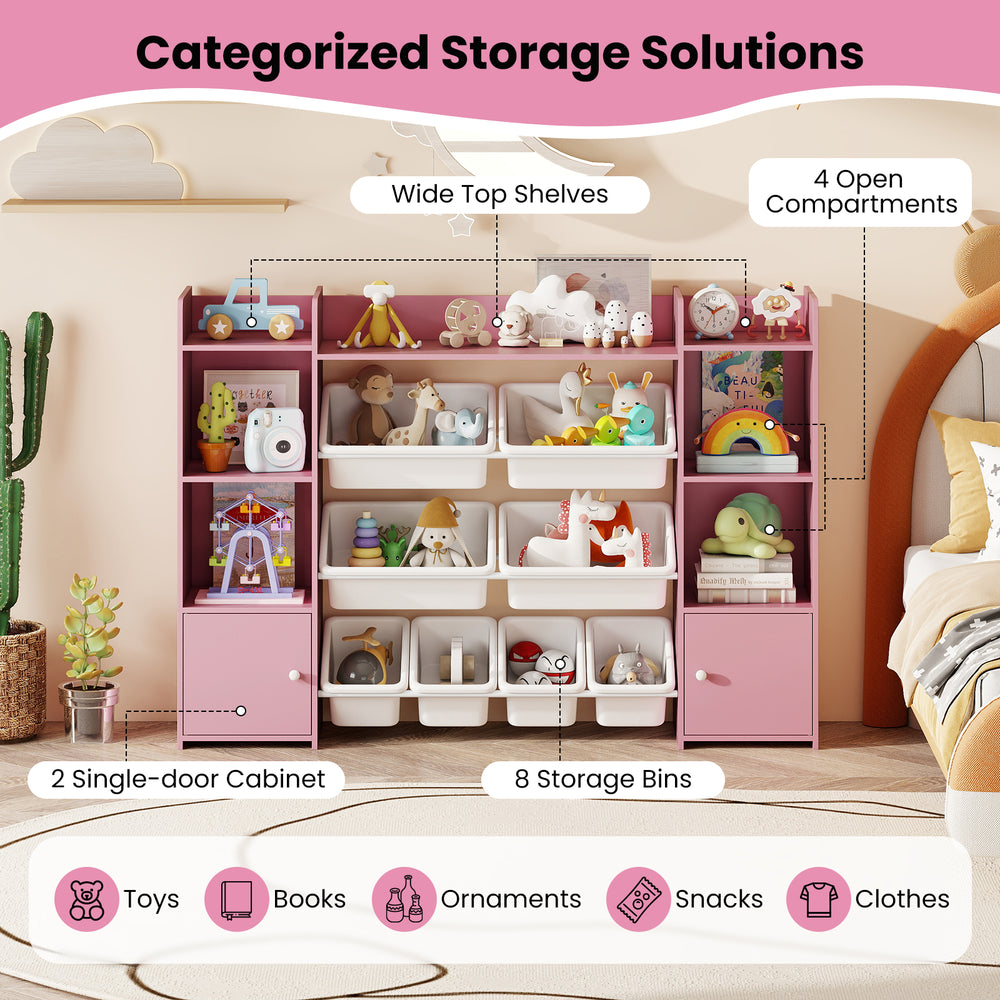 Large pink toy storage organizer featuring 8 removable bins and 2 cabinets, ideal for kids' rooms and playrooms.