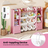 Large pink toy storage organizer with 8 removable bins and anti-toppling device for kids' safety and easy access.