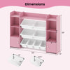 Dimensions of the 56-inch pink toy storage organizer with 8 removable bins and 6 cubbies for kids' rooms.