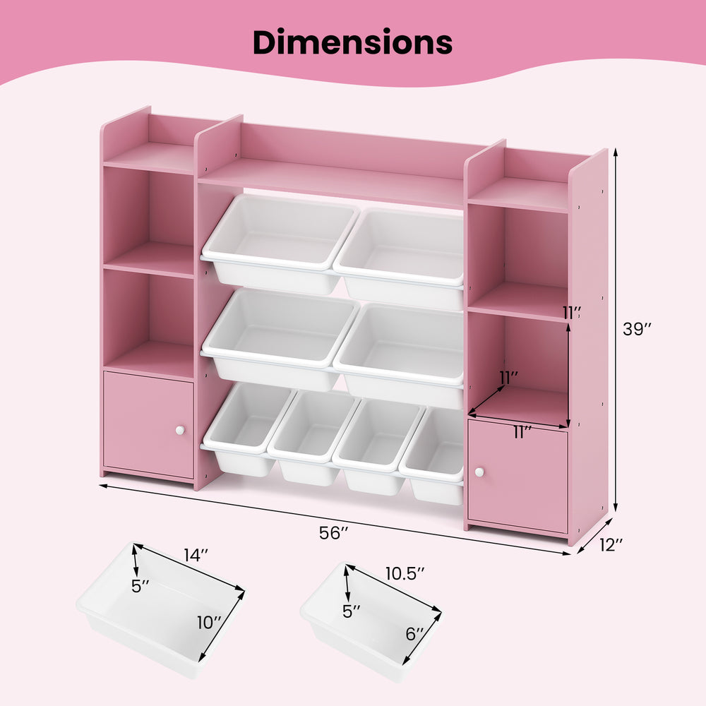 Dimensions of the 56-inch pink toy storage organizer with 8 removable bins and 6 cubbies for kids' rooms.