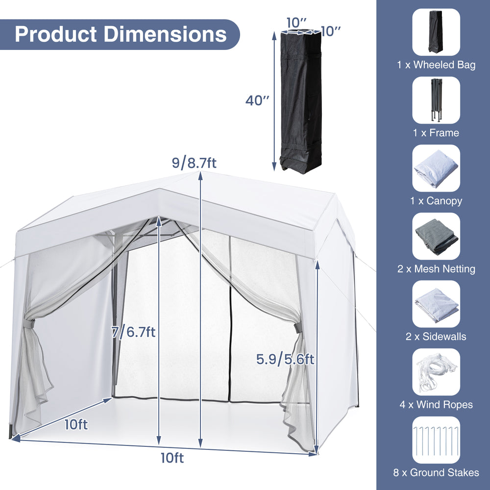 Pop up canopy tent with 4 sidewalls and mesh netting, featuring a portable wheeled bag for easy transport.