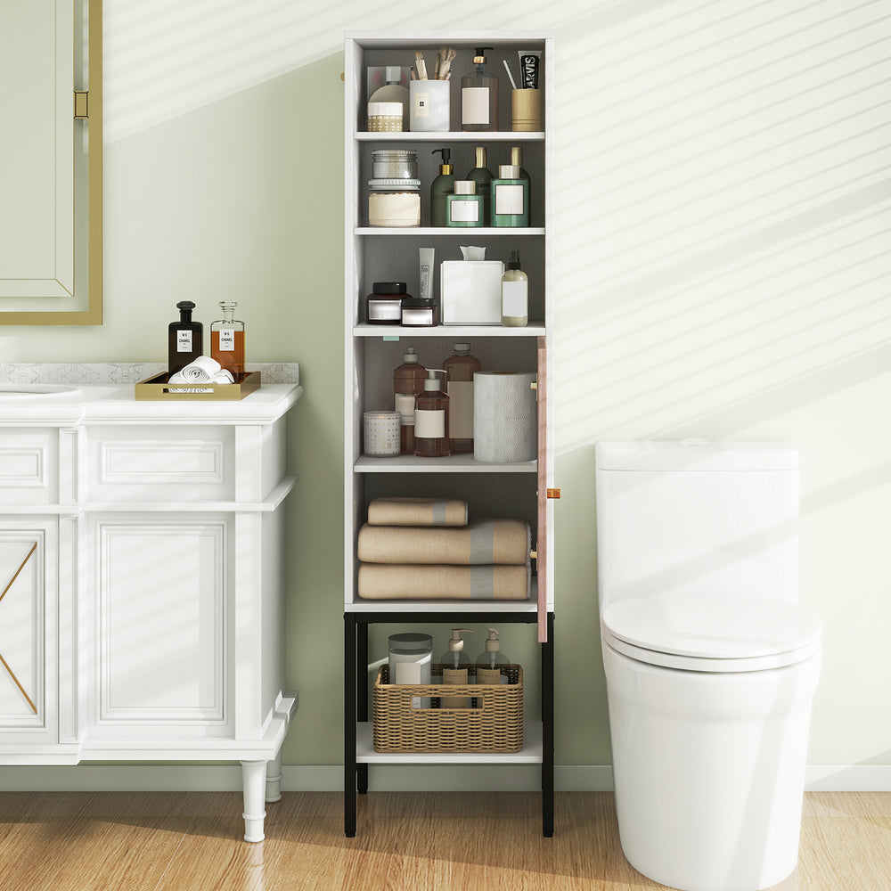 57 Inch Bathroom Tall Cabinet with 1 Door and 4 Shelves Narrow Storage Unit-White - Gallery View 1 of 10