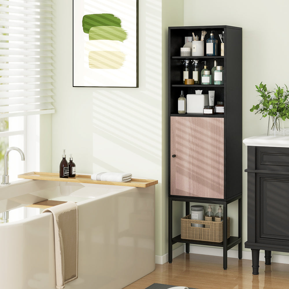 57 Inch Bathroom Tall Cabinet with 1 Door and 4 Shelves Narrow Storage Unit-Black - Gallery View 1 of 10