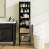 Compact 57-inch black bathroom cabinet showcasing 3 open compartments, a cabinet, and a storage shelf for organized.