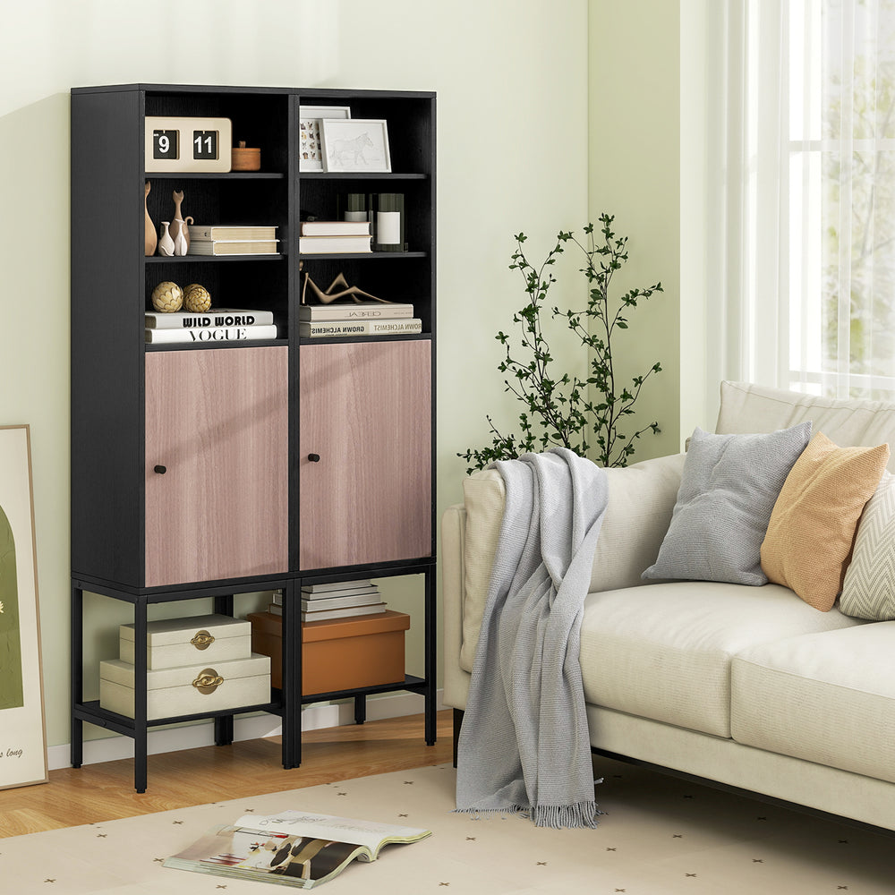 Narrow black bathroom tall cabinet with 1 door, 4 shelves, and adjustable feet for versatile storage in any room.
