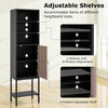 Narrow black bathroom tall cabinet with 1 door and 4 shelves, featuring adjustable shelves for versatile storage.
