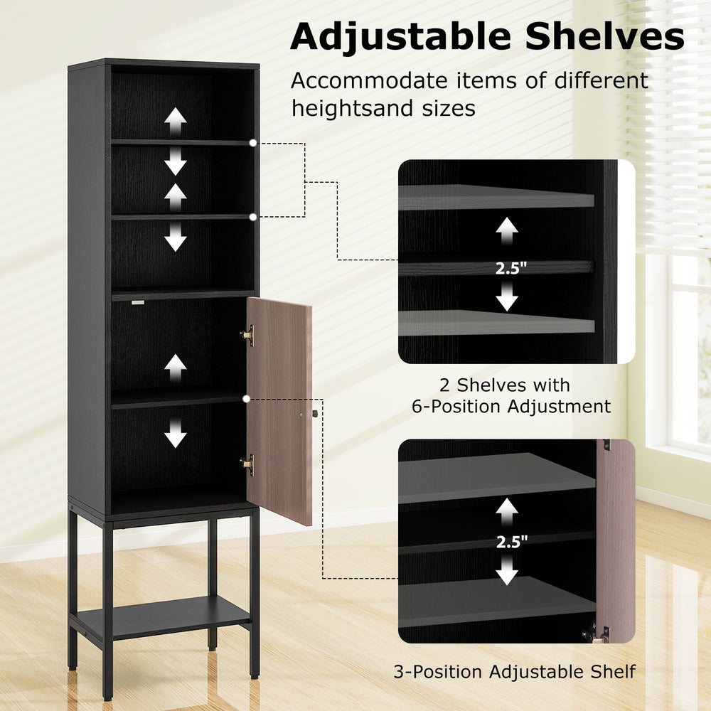 Narrow black bathroom tall cabinet with 1 door and 4 shelves, featuring adjustable shelves for versatile storage.