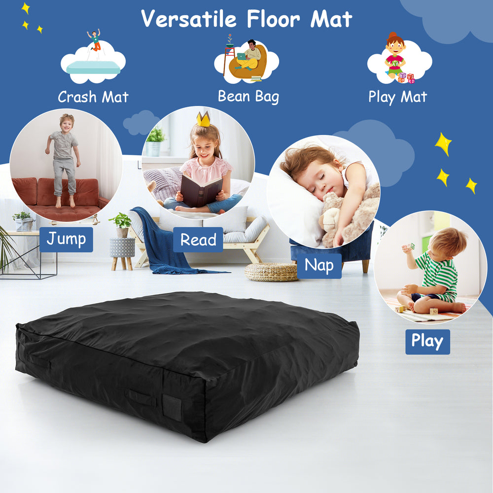 Black 57 x 57 inch crash pad sensory mat with washable velvet cover, ideal for jumping, reading, napping, and playing.
