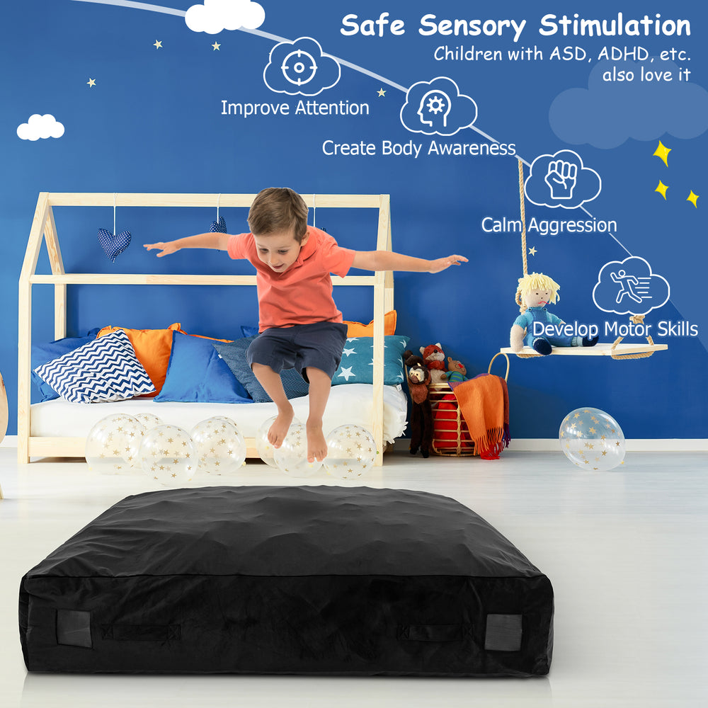 Black 57 x 57 inch crash pad sensory mat with foam blocks, ideal for safe play and sensory stimulation for kids.