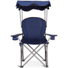 Portable folding beach canopy chair in blue with adjustable shade, cup holders, and ergonomic backrest for outdoor.