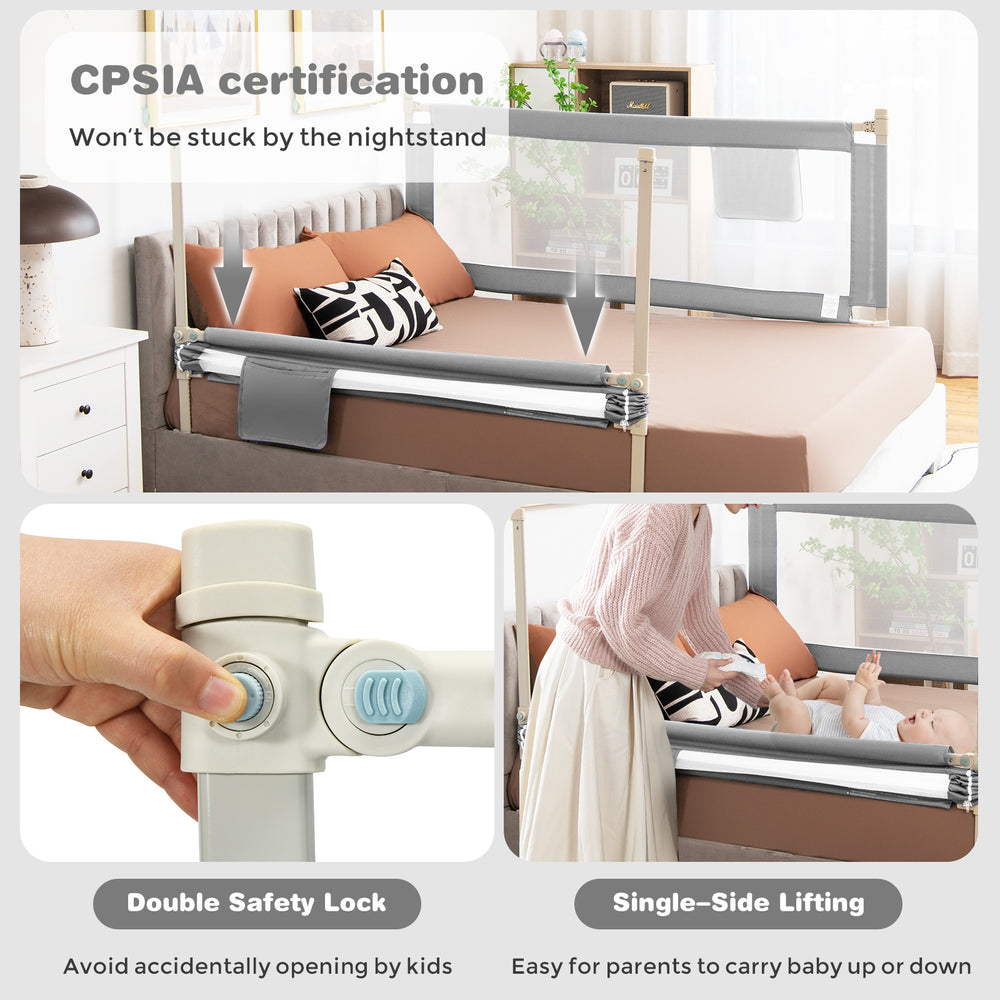 57-inch vertical lifting baby bed rail guard in gray with double safety lock and adjustable height for mattress fit.