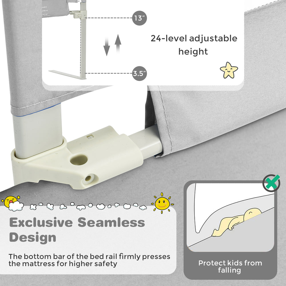 Adjustable gray baby bed rail guard with seamless design, anti-collision sponge, and double safety lock for child.