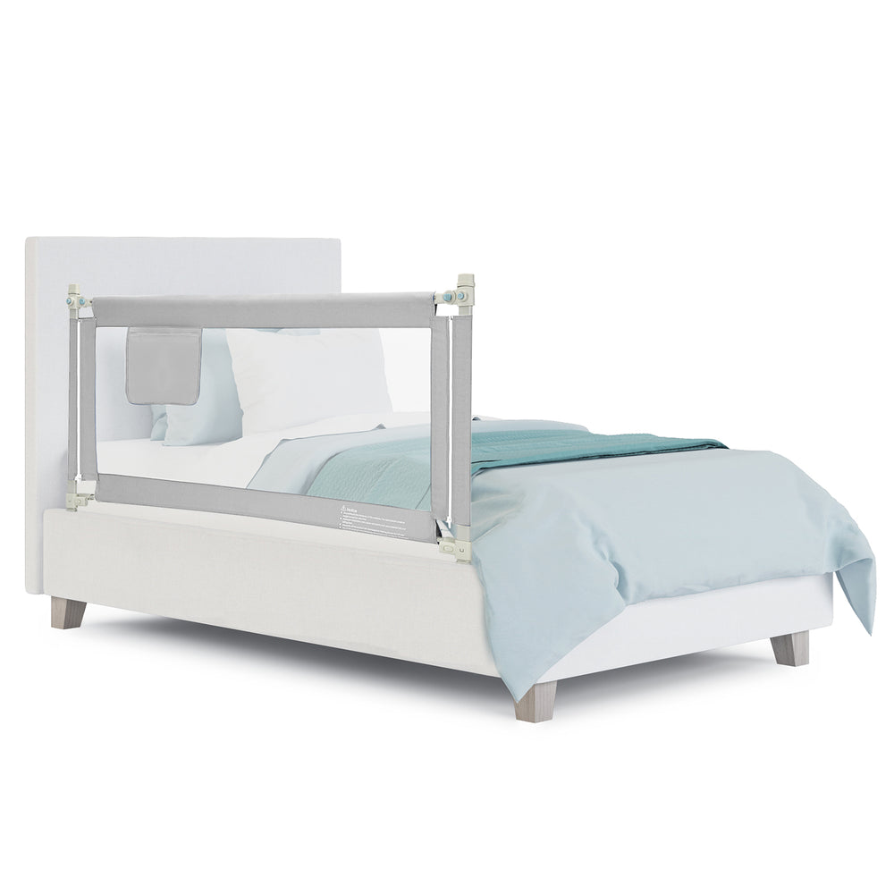 Vertical lifting baby bed rail guard in gray, featuring adjustable heights and a durable steel frame for safety.