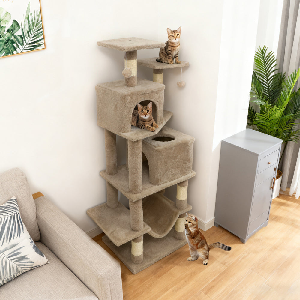 57 Inch Cat Tree with Dual Condos and Hammock and 2 Dangling Balls-Coffee - Gallery View 1 of 10