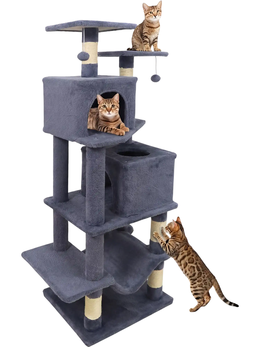 Gray 57-inch cat tree with comfy hammock and elevated perches, perfect for lounging and observing surroundings.