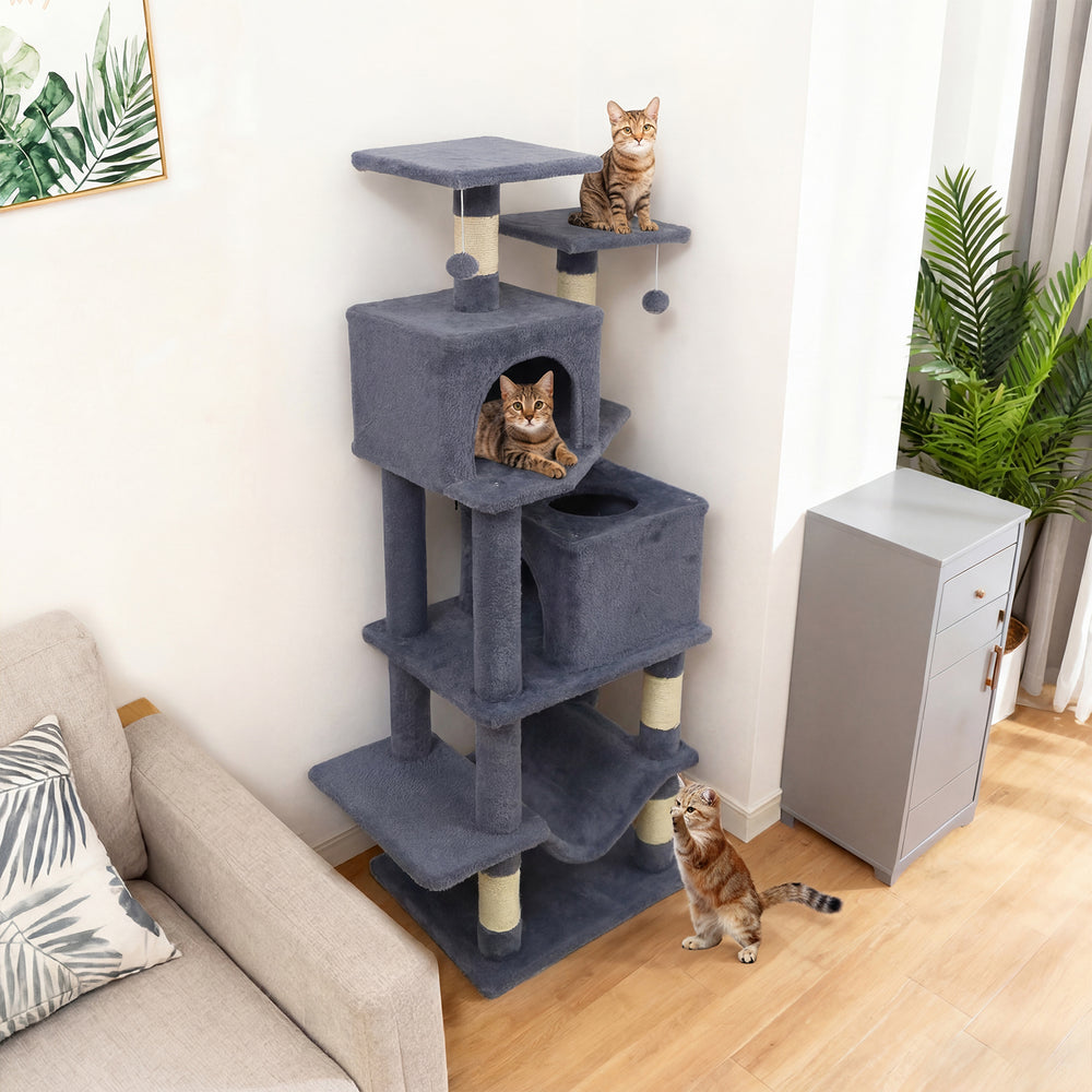 Gray 57-inch cat tree showcasing elevated perches and sisal scratching posts, perfect for climbing and lounging.