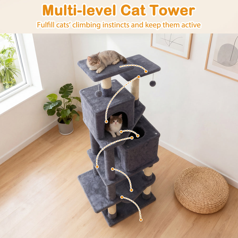 Multi-level gray cat tower featuring dual condos, hammock, and dangling balls for active feline play and relaxation.