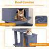 Dual condos of a 57-inch gray cat tree with soft plush fabric, providing secure spaces for cats to find privacy.