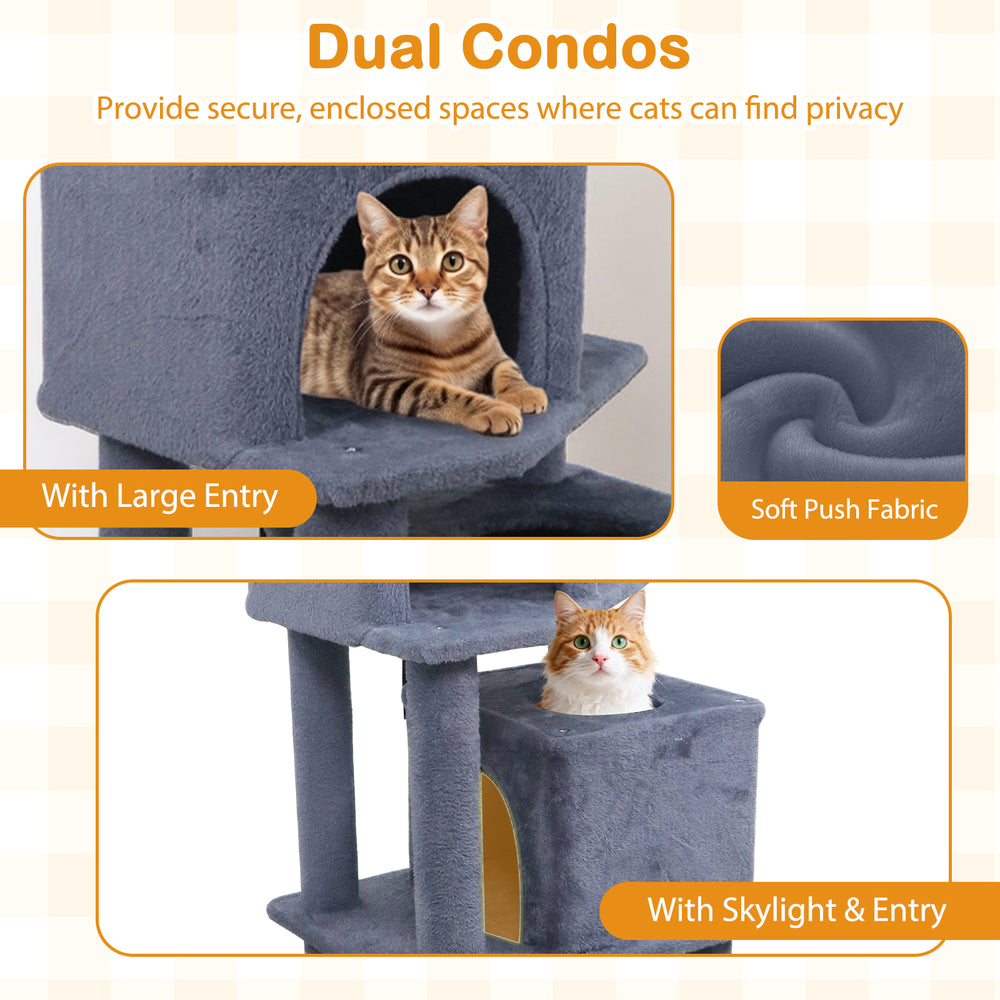Dual condos of a 57-inch gray cat tree with soft plush fabric, providing secure spaces for cats to find privacy.