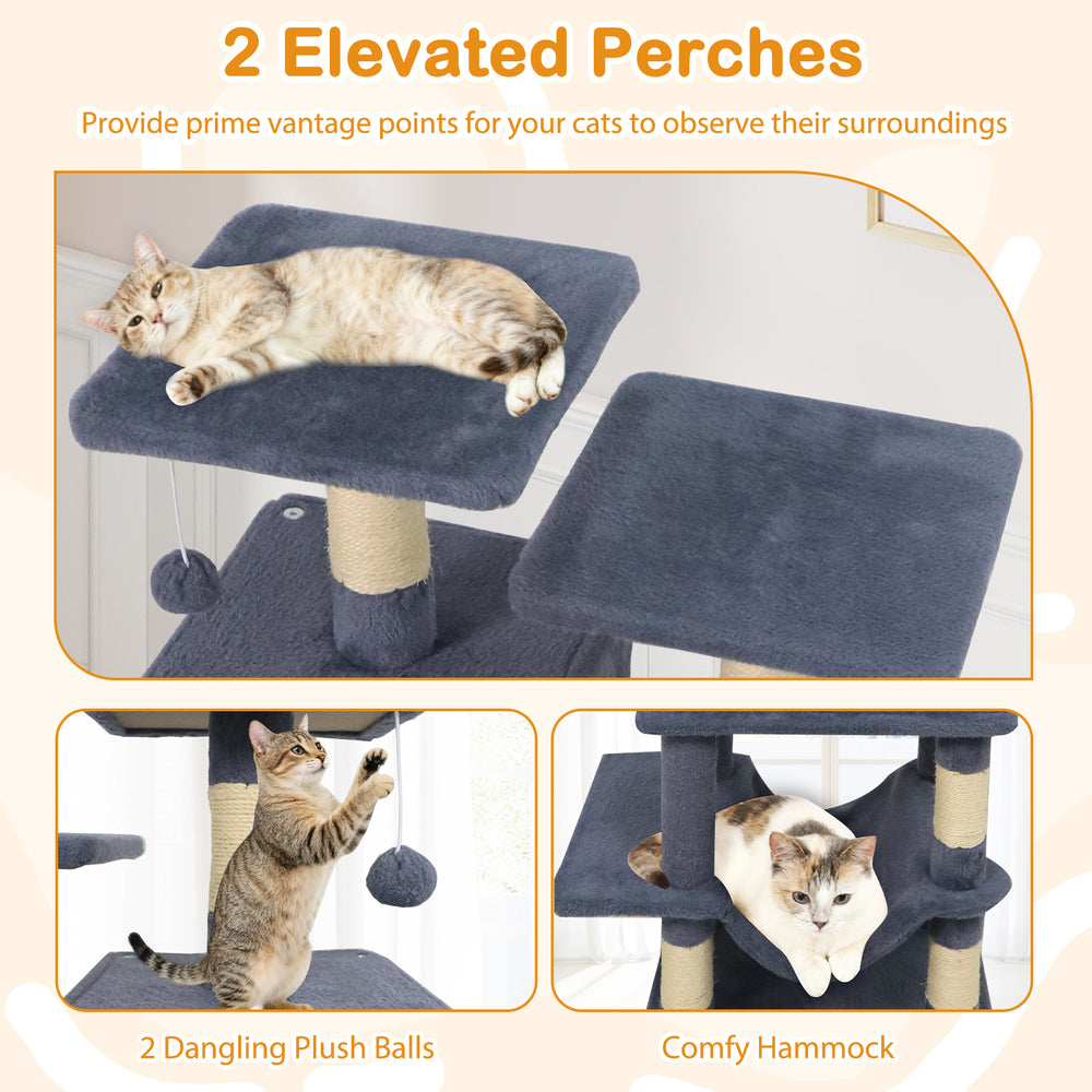 Multi-level 57-inch gray cat tree with dual condos, hammock, and two dangling plush balls for active play.