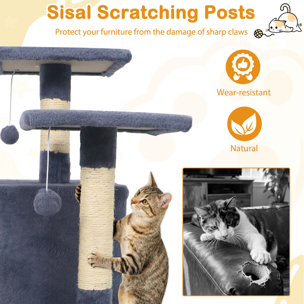 Gray 57-inch cat tree featuring dual condos, hammock, sisal scratching posts, and two dangling balls for feline fun.