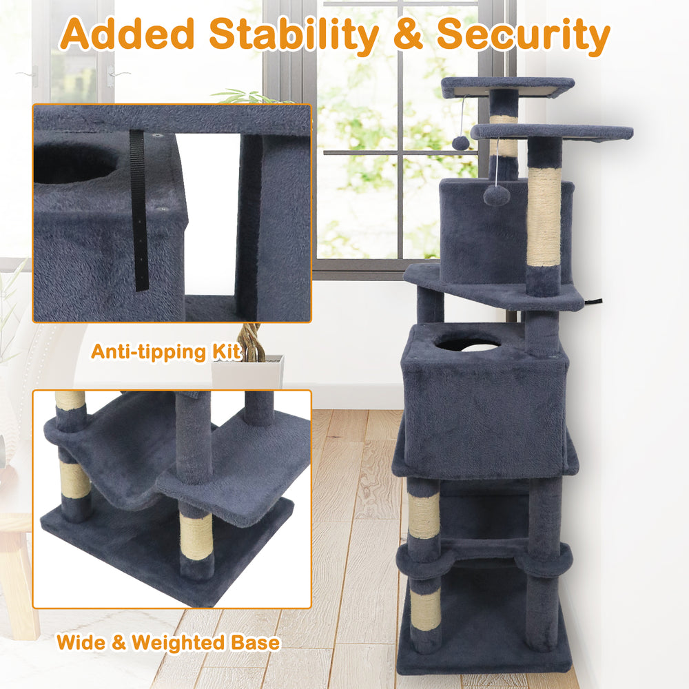 Multi-level 57-inch gray cat tree with dual condos, hammock, and sisal scratching posts for active feline fun.
