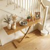 Solid wood console table with teak frame, geometric design, and spacious 57" tabletop for versatile home decor.