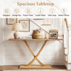 57-inch solid wood console table with teak frame, showcasing a spacious tabletop for magazines and decor in a rustic.